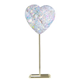 SUNYIK Heart Shaped Titanium Coated Rock Crystal Cluster on Metal Stand, Quartz Drusy Geode Specimen for Home Office Valentine's Day Decoration, AB Crystal Color/Gold Plated Stainless Steel