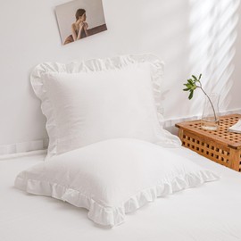 Herside White Ruffle Pillowcases Set of 2 Boho Pillowcases Shabby Chic Ruffle Lace Design Soft Farmhouse Pillow Cover 2 Pack (White,50x75 cm)