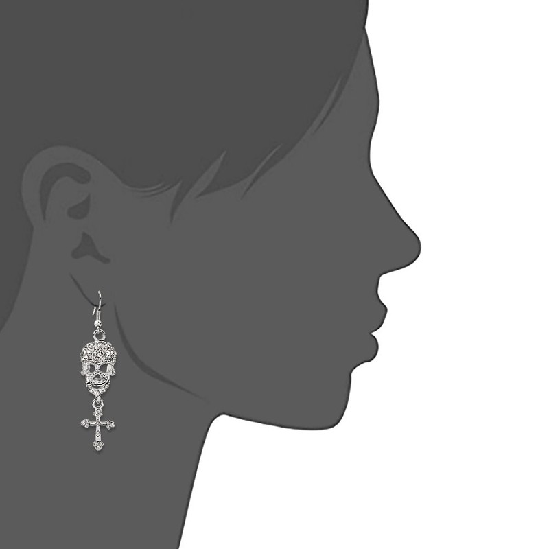 Silver Earrings Cool Gothic Punk Style Skull Cross Shaped With