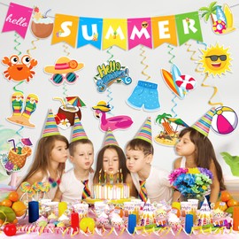 21pcs Hello Summer Banner Garland, Summer Party Decorations, Beach Pool Party Decorations,Topical Pineapple Flamingos Aloha Banner with Hanging Swirls,Hawaiian Luau Birthday Party Decorations Supplies