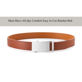 MILORDE Men's Genuine Leather Ratchet Belt(Brushed Metal - Tan, 28" to 34" M803-105)