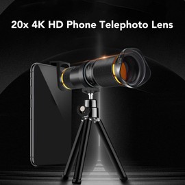 20X Phone Telephoto Lens, 4K HD Smartphone Monoculars, Eyepiece and Objective Lens Dual Adjustment, Anti Shake, with Tripod and Phone Clip, for Watching Games, Concerts, Traveling