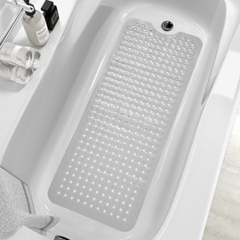 ZHICHENG Bath Tub and Shower Mats, Non-Slip 39 x 16 Inch Extra Long Bath Mat, Machine Washable Bathtub Mat with Drain Holes, Suction Cups for Bathroom (Grey)