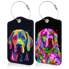 2 PCS Cute Dog Luggage Tag for Suitcase Colorful Cocker Spaniel Dog Leather Suitcase Tags with Name Address Card Label Privacy Cover and Stainless Steel Loop for Women Men