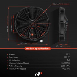 A-Premium 16'' 16 inch Electric Radiator Fan 2300 m³/h, 12V 120W with Thermostat Wiring Switch Relay Kit