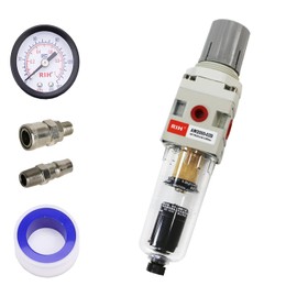 RIH Air Regulator, 1/4" Filter Regulator for Air Compressor, Water Eliminator, Water Separator, Filter Valve, Dust Control, Pressure Setting, Pressure Gauge, Includes Coupler, Automatic Drain (1