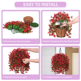INXUGAO Artificial Hanging Flowers Plants with Basket for Outdoors, Realistic Faux Silk Daisy Flower Eucalyptus for Spring Decor, UV Resistant Fake Plants for Porch Patio Yard Balcony, Red Brown