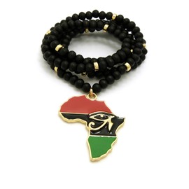 Fashion 21 Eye of Horus in Pan African Colored Africa Map Pendant 6mm 30" Wooden Bead Necklace in Gold Tone (Gold / 30" Metal Piece Joint Wood Bead)