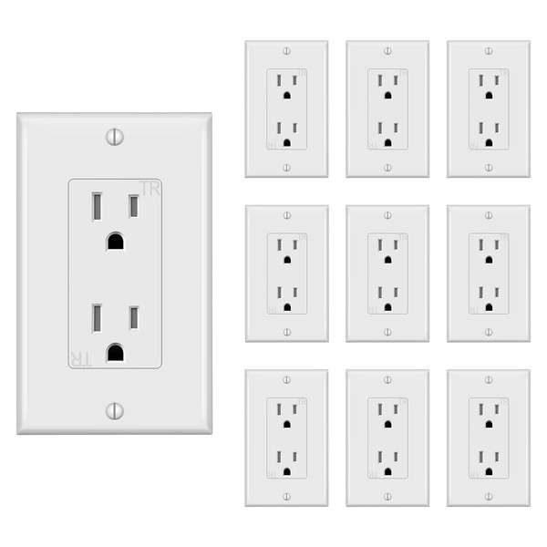 TAKETEK Decorator Receptacle Outlet with Wall Plate, Tamper-Resistant Electrical Outlet, Residential Grade, 3-Wire, 15A 125V, Self-Grounding, 2-Pole, UL Listed, White (10 Pack)