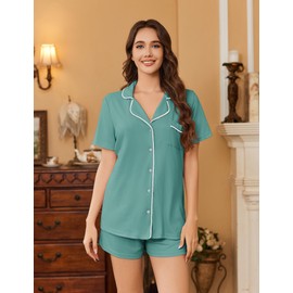 Ekouaer Womens Pajamas Set Soft Classic Notch Collar Bride Pjs Comfy Short Sleeve Sleepwear Loungewear,Gray Green,X-Large