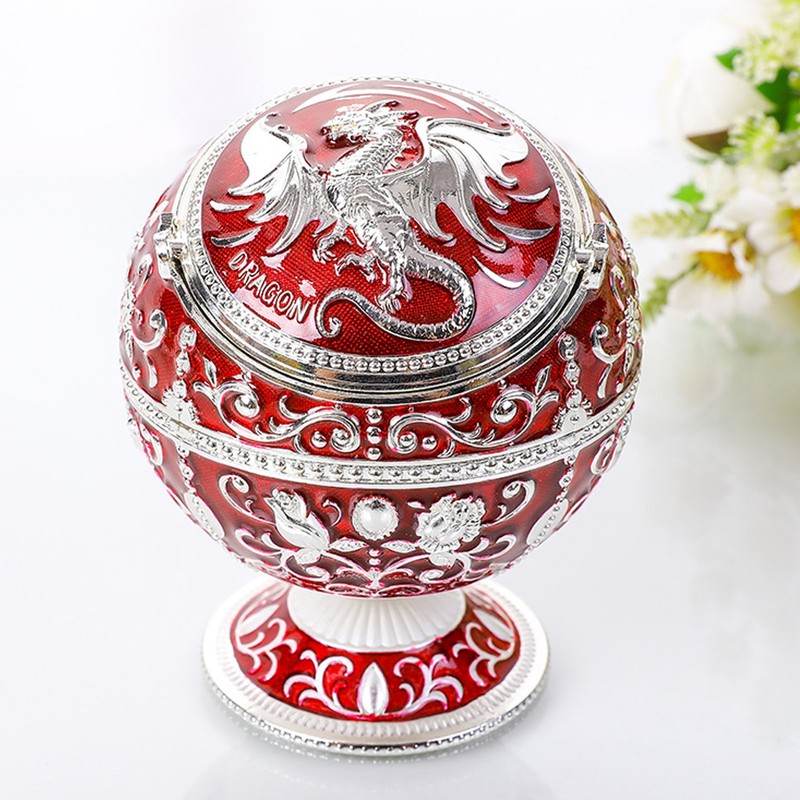 Ball Ashtray with Windproof Lid Retro Dragon Stereoscopic Relief Zinc