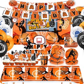 Basketball Party Supplies, Basketball Sports Theme Birthday Party Supplies Tableware Set,Include Basketball Plates and Napkins,Cups,Banner,Tablecloth for Basketball Birthday Decorations (Set C)