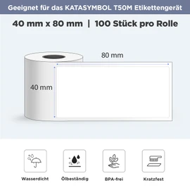 SUPVAN KATASYMBOL T50M Pro/Plus Label Tape Paper, Waterproof Labels for Home, School, Office, 40 mm x 80 mm, 100 Labels/Roll, Black on White