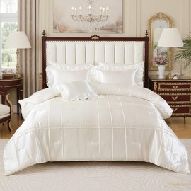 Herside White Satin Silky Comforter Set,King Size 8 Pcs Grid Pleated Silk Like Bed in a Bag Bedding Set, Down Alternative Bedding Sets for All Seasons,Luxury Silky Bedding with Sheet and Cushion Cover