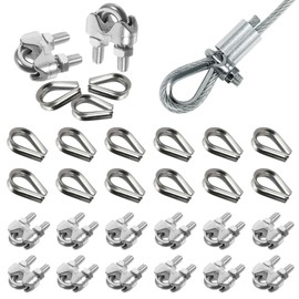 Prmape Pack of 24 Wire Rope Clamps 3 mm, 12 Pieces Rope Clamp M3 + 12 Pieces M3 Thimbles, Wire Rope Clamps 304 Stainless Steel, U-Bolt Bow Shape Steel Cable Rope Connector for Wire Rope Steel Cable