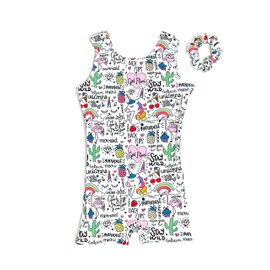 Destira Girl's Unicorn Doodles Gymnastics Unitard| White | Child Large (10-12) | Fabric/Lycra