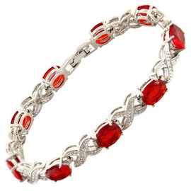[RIZILIA XOXO Link] Tennis Bracelet [18cm/7inch] with Oval Cut Gemstones CZ [Red Ruby] in 18K White Gold Plated, Simple Modern Elegance