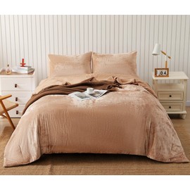 SHALALA Distressed Velvet Comforter Set Queen, 3 Pieces Orange Pink Distressed Velvet Face with Soft Brushed Microfibers Reverse, Cozy Fluffy Velvet Bedding Set with Matching Shams