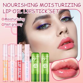 4 Pcs Shiny Lip Gloss Set,Non-sticky Long Lasting Moisturizing Lip Glow Oil Makeup Set with 2 Aloe Vera Color Changing Lipsticks for Women,Tinted Lip Balm & Lip Plumping Lip Gloss Set