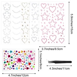 6 Sheets Face Gem Stickers Bling Heart Sticker With Tweezer Self-Adhesive Rhinestone Jewel Stickers Assorted Shapes Eye Jewels DIY Face Gems Stick on Hair Accessories For Girls for Makeup Body Crafts