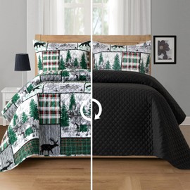 Elegant Comfort 3-Piece Holiday Rustic Plaid Patchwork Reversible Quilt - Soft Bedspread with Matching Pillow Shams, Heavy Weight Premium Stitching All Season Quilted Coverlet - King, Forest