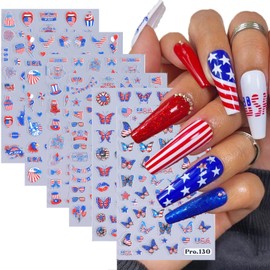 4th of July Nail Stickers for Nail Art 3D Self Adhesive Independence Day Cartoon Butterfly Fireworks Love Flag Stars Letters Statue of Liberty Decals Fourth of July Design Sticker for Women,6 Sheets