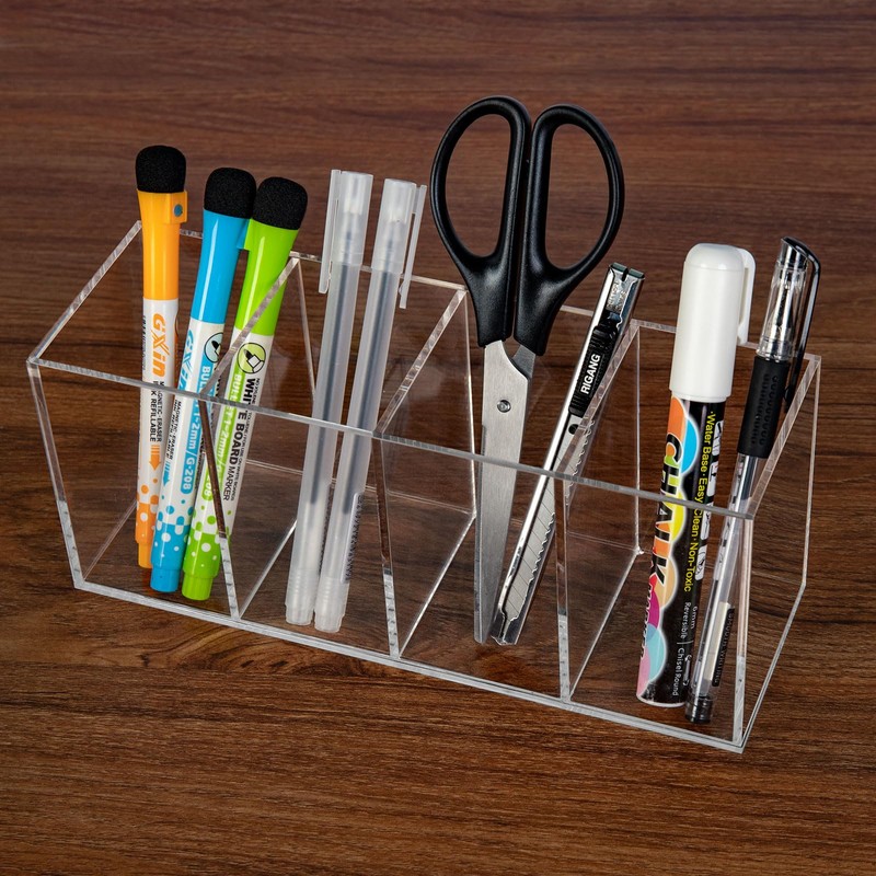HIIMIEI Acrylic Pen Holder 4 Compartments Clear Makeup Brushes Holder