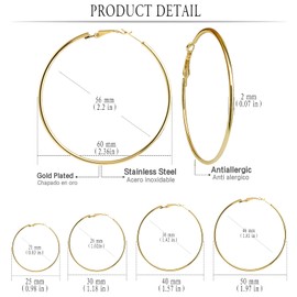CHARIFIN 5Pairs Hoop Earrings for Women Girls, Stainless Steel Hoop Earrings Stainless Steel Hypoallergenic Hoop Women's Earrings Hoops Earrings Pack Sensitive Ears, gold 25,30,40,50,60, Stainless