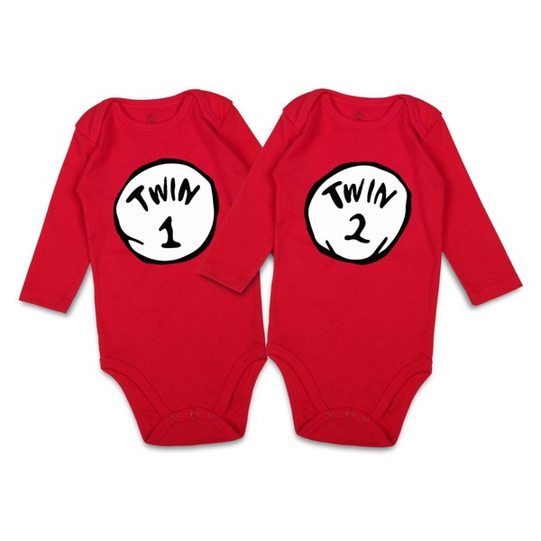 DEFAHN Newborn Twins Baby Boy Girl Bodysuit, 2 Pack Funny Letter Printed Rompers Twin Matching Clothes Outfits (TWIN1-2 Long Sleeve Red, 0-3 Months)