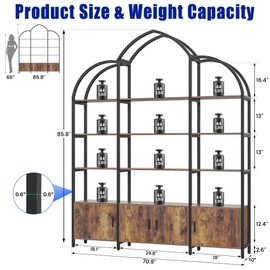 Nosepen Triple Wide 5 Tier Tall Arched Bookshelf and Bookcase with 3 Cabinets, Industrial Metal Etagere Open Bookshelf, Rustic Wood Standing Book Shelf with Black Metal Frame for Bedroom Living Room