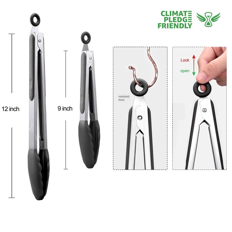 HOTEC Premium Stainless Steel Locking Kitchen Tongs with Silicon Tips,