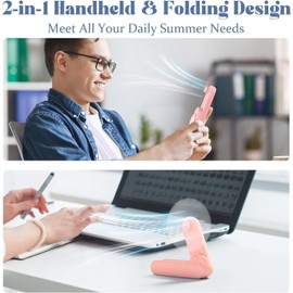 JSQBD Portable Handheld Fan, 2 IN 1 Mini Hand Fan, Battery Operated [8-15 Working Hours], USB Rechargeable Personal Foldable Fan for Indoor, Small Pocket Fan Travel Essentials for Outdoor -Pink