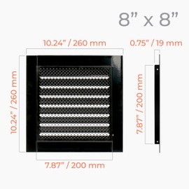 HVAC OV 8" x 8" Inch Black Register Vent Cover - Square Industrial Return Air Vent Cover - Wall, Shed Vent, Foundation Vent - Wire Screen Mesh Crawlspace Louver Grille - Exhaust, Intake Gable Vent