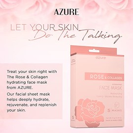 AZURE - Mascarilla facial hidratante de rosa y colágeno – Máscara facial tonificante, levanta e hidrata profundamente – Reduce las líneas finas y arrugas, reduce los signos de envejecimiento y parches secos – Cuidado de la piel fabricado en Corea – Paquete de 5