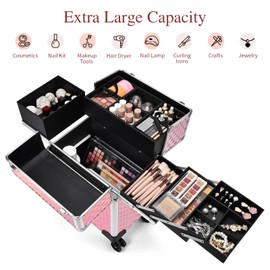 Faquenc Rolling Makeup Case Extra Large Makeup Train Case 4 Tray with Sliding Rail Removable Layer Cosmetology Case on Wheels for Makeup Artists Nail Art Salon Barber Trunk Traveling Storage Pink