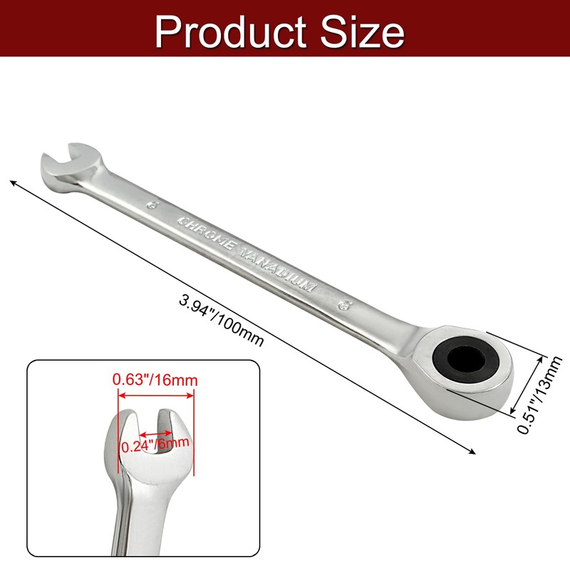 Jiozermi 6mm Ratcheting Combination Wrench, 72 Teeth Metric Ratcheting Wrench