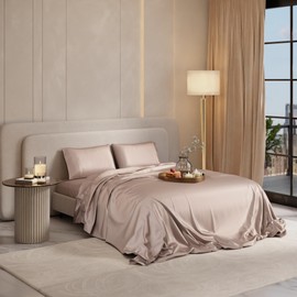 Stoa Paris Satin Sheet Set Queen Size 4PCs, 300TC Ultra Soft & Breathable Bedding, Silky Bedsheet, Deep Pocket Fitted Sheet & Pillowcase, Gentle on Skin & Hair, All Season, Date Night - Champagne