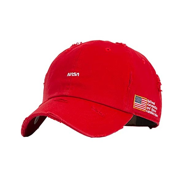 Flipper Mini NASA American Flag Side Patch Unconstructed Vintage Bullet Ripped Holes Washed Cotton Distressed Baseball Cap Dad Hat (Red, Medium~Large (22 3/8"~ 23 1/8", 57cm~59cm))