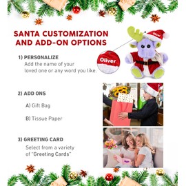 DolliBu Santa Sitting Purple Moose with Scarf Stuffed Animal Plush Toy - Soft Cute Plush Dress Up with Red Santa Claus Outfit, Perfect Holiday with Name Personalization - 12 Inch
