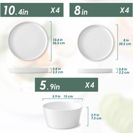 Asrug 12-Piece Plates and Bowls Sets,Ceramic Dinnerware Sets for 4, Chip Resistant and Scratch Dish Set, Dining Dinner Porcelain Dishware, Microwave and Dishwasher Safe,White Matte