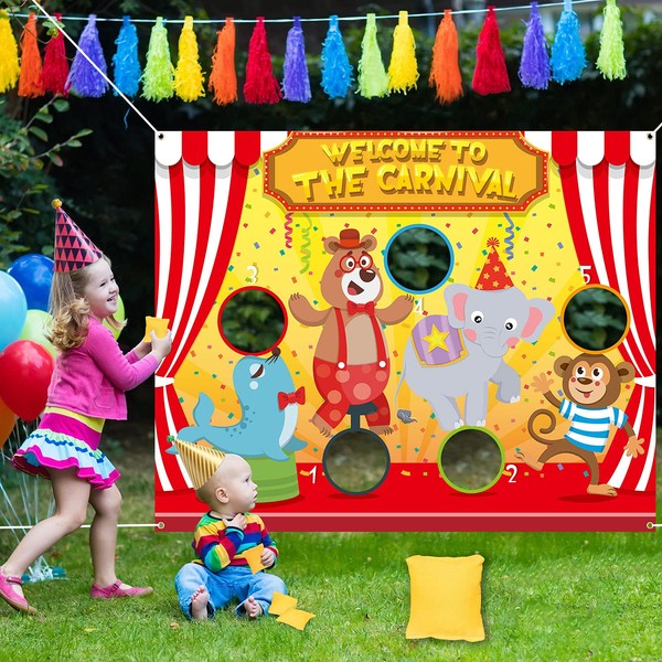 Whaline 50" x 40" Carnival Toss Game with 4 Bean Bags Circus Backdrop Throwing Game Banner Fun Carnival Outdoor Game for Family Theme Party Activities Carnival Decoration Supplies