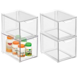 mDesign Plastic Stackable Bathroom Storage with Pull Out Bin Organizer Drawer for Cabinet, Vanity, Shelf, Cupboard, Cabinet, or Closet Organization - Lumiere Collection - 4 Pack - Clear