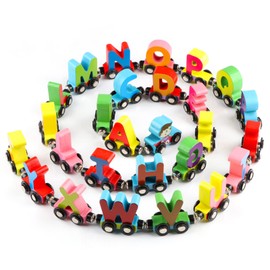 Wondertoys Wooden Train Set Magnetic Train Cars Alphabets Set with 1 Engine Toy Train Sets for Kids