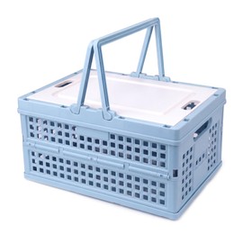 Collapsible Storage Crate, Foldable Plastic Basket with Lid and Handle, Foldable Storage Box Crate Bin for Home Kitchen Office Bathroom Bedroom Pantry (Blue-Hollow)
