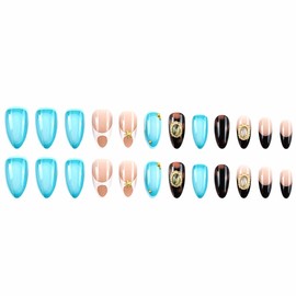 MERVF Almond Press on Nails Medium White French Tip Fake Nails Leopard Glue ons Aura Rhinestones Design Vintage Manicure Stiletto Acrylic Nail Supplies DIY Glossy 24pcs