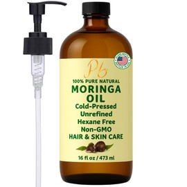 Moringa Oil – 100% Pure, Cold-Pressed & Unrefined – Moringa Seed Oil for Face, Skin, Hair & Body – Hydrating, Anti-Aging Moisturizer – 16 fl oz Amber Glass Bottle with Pump