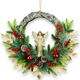 YULETIME 24" Angel Christmas Wreath, Artificial Holiday Wreath with Resin Angel Statue, Natural Rattan Ring & Pine Cones, Golden Leaves, Red Baubles, Spruce Branches, Snowy Pine Needles (Angel)