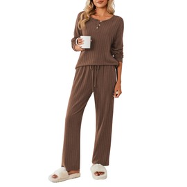 Ekouaer Womens Pyjamas Set Nightwear Ladies Ribbed 2 Piece Outfits Loungewear Sets Leisure Suits Long Sleeve with Pockets, Brown, L