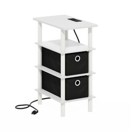 Furinno Turn-N-Tube 4-Tier Side Table, End Table, Nightstand with Bin Drawers, USB and Type-C Charging Port, White/White/Black