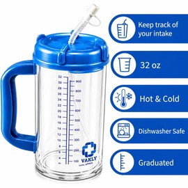 Vakly Insulated Hospital Carafe 32 oz – Double Wall Graduated Water Bottle with Straw & Pour Spout, Hot & Cold Bedside Carafe for Patient Care & Home Use